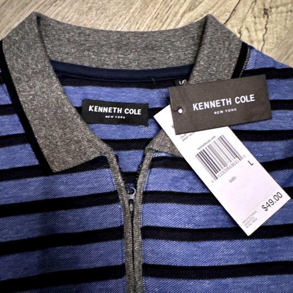 Kenneth Cole New York Mens Blue Striped Quarter Zip Cotton Polo Shirt L NWT